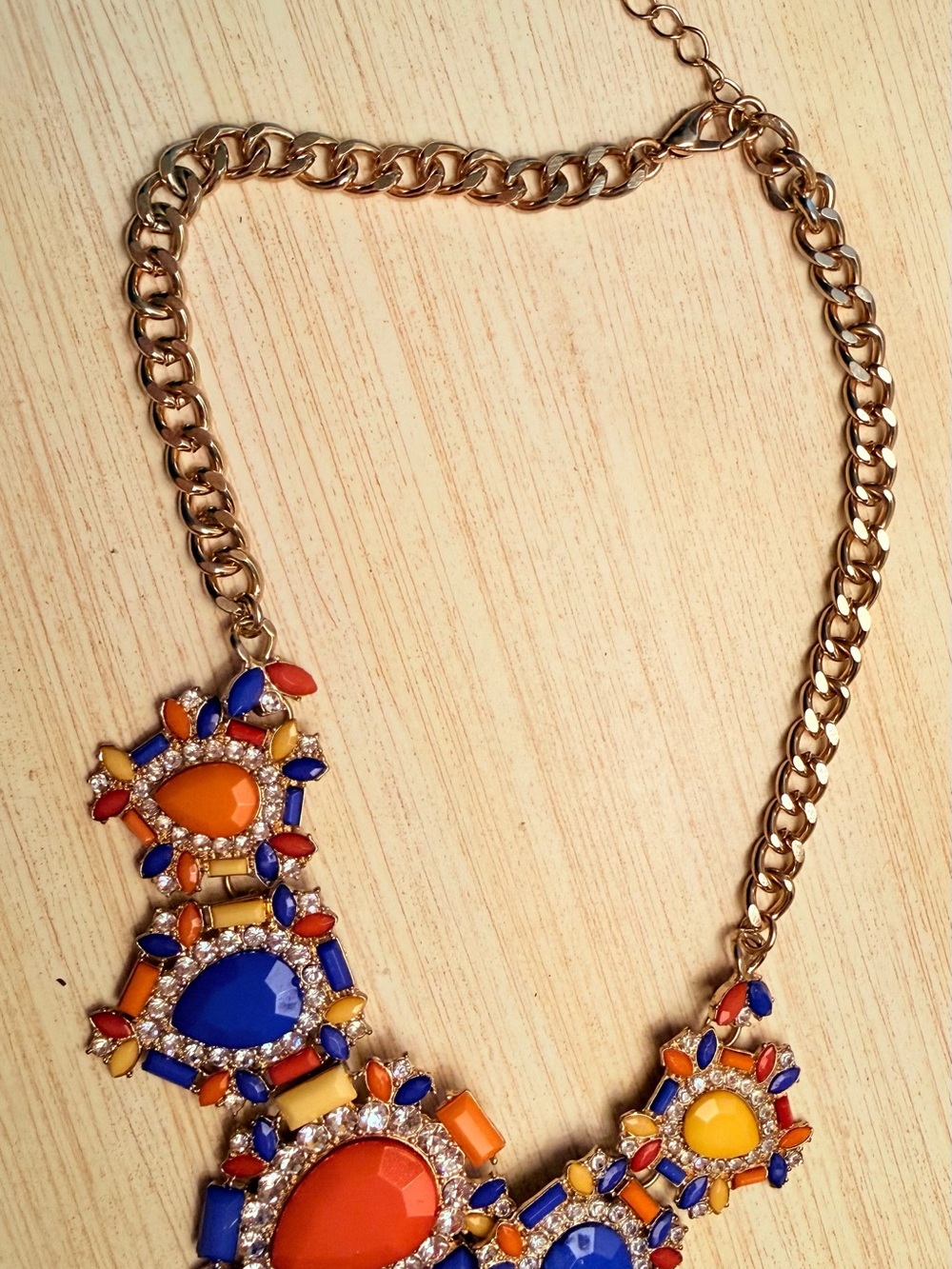 Gold-Tone Statement Bib Necklace with Blue, Orange & Yellow Stones